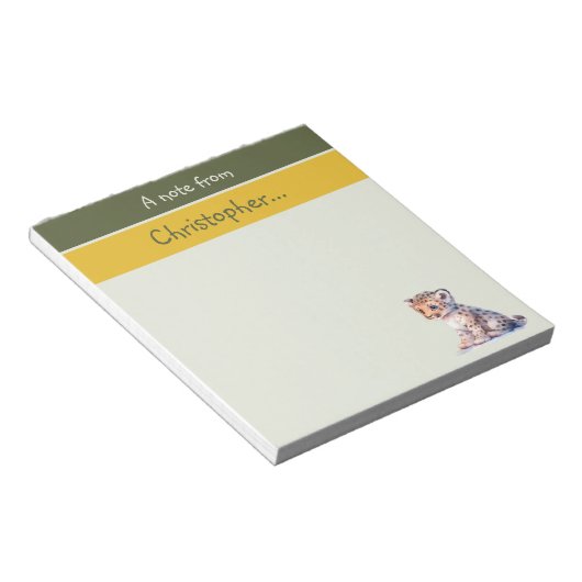 Schattigee luipaard aangepaste naam groene kindere notitieblok (Schuin)