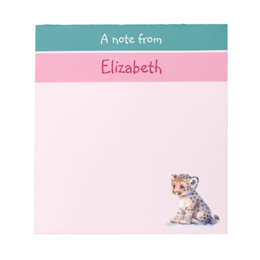 Schattigee luipaard aangepaste naam roze kinderen notitieblok (Voorkant)