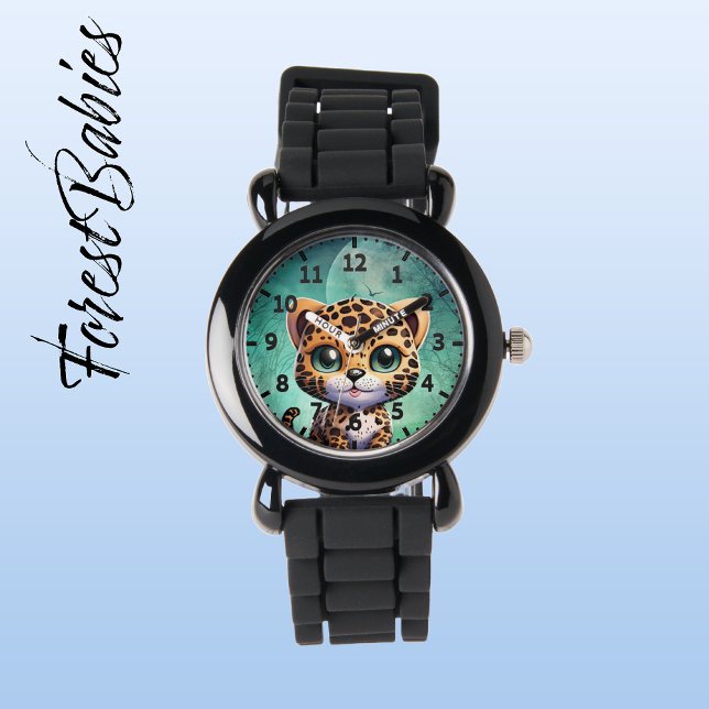 Schattigee luipaard grillige betoverde bos maan Ki Horloge (Leopard 🐆 Forest Moon Customizable ForestBabies Kids Watch)