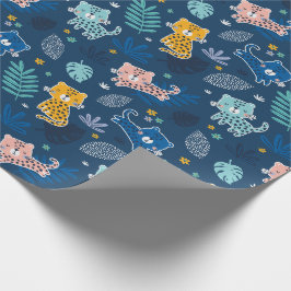 Schattigee luipaarden met oerwouden bladeren blauw cadeaupapier
