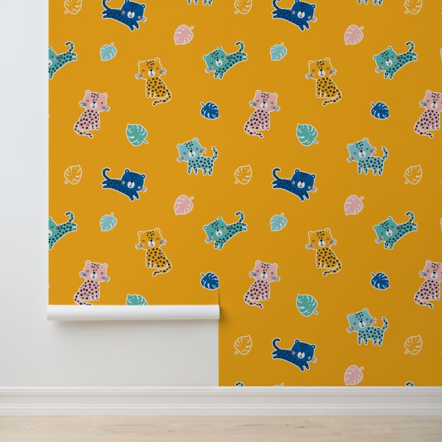 Schattigee luipaarden met oerwouden bladeren op mo behang (Applicatie)