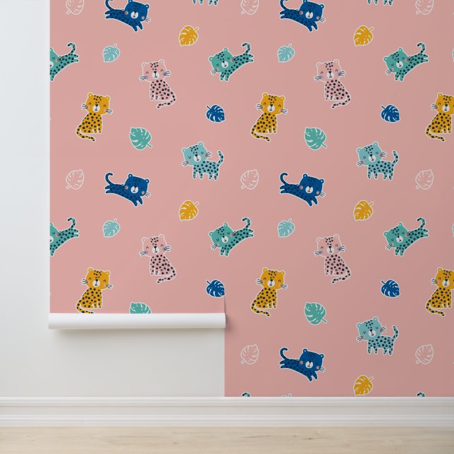 Schattigee luipaarden met oerwouden bladeren op ro behang (Applicatie)