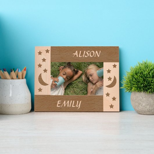 Schattigee maan en sterren met 2 aangepaste namen gegraveerde lijstjes