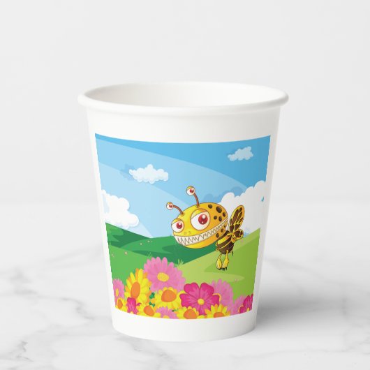 Schattigee maar griezelige monsterbij in een bloem papieren bekers (Voorkant)