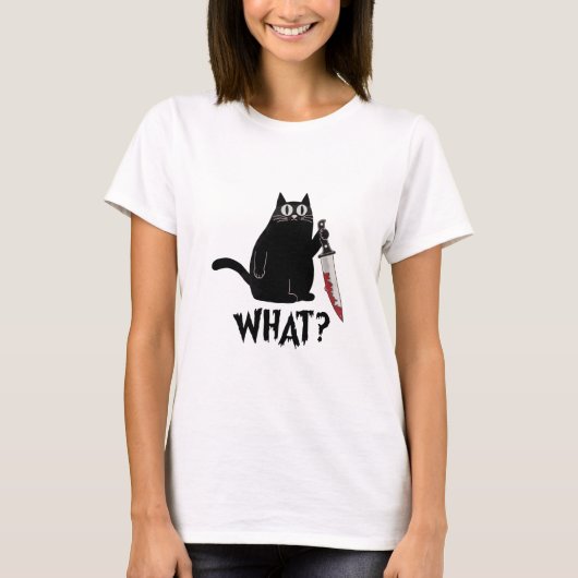 Schattigee maar psycho grappige zwarte kat met mes t-shirt (Voorkant)