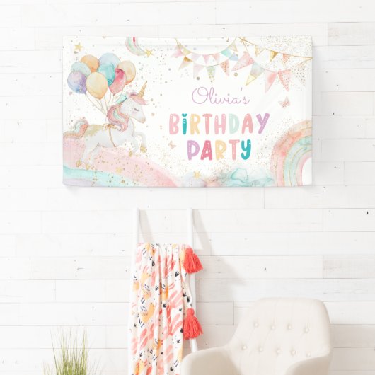 Schattigee magische eenhoorn regenboog verjaardags spandoek (Insitu)