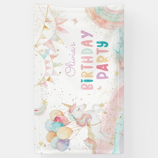Schattigee magische eenhoorn regenboog verjaardags spandoek (Verticaal)