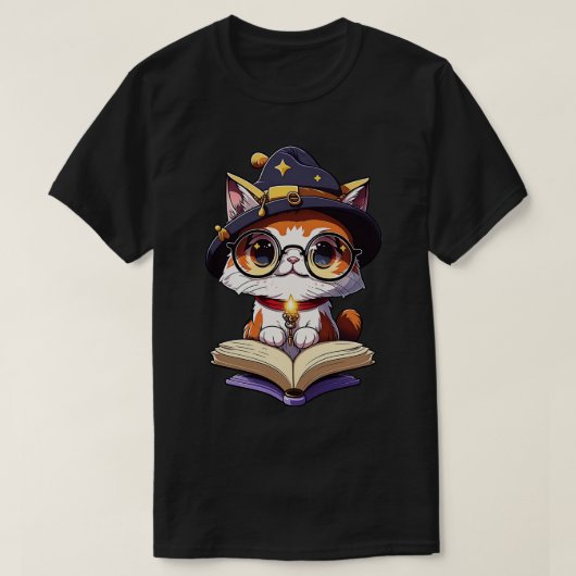Schattigee Magische Kat met een Spellbook Schattig T-shirt (Design voorkant)