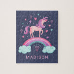 Schattigee magische meisjes regenboog eenhoorn puz legpuzzel<br><div class="desc">Op elk moment, magical unicorn with hearts and a rainbow decorate this puzzle. Personalize it with her name. A fun gift for a girl. Designed for you by Blackberry Boulevard.</div>