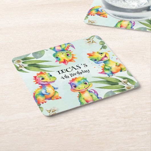 Schattigee magische regenboog dinosaurus Happy Bir Kartonnen Onderzetters (Schuin)