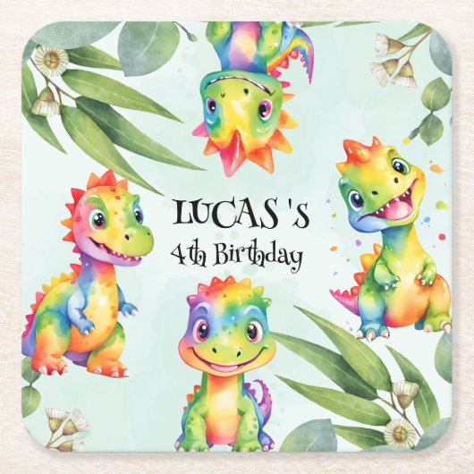 Schattigee magische regenboog dinosaurus Happy Bir Kartonnen Onderzetters (Voorkant)