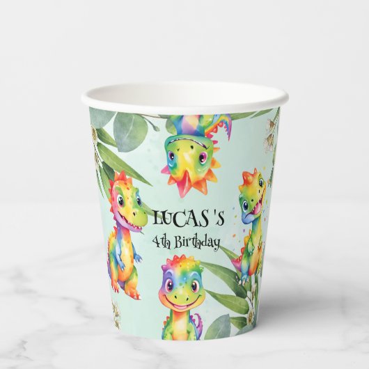 Schattigee magische regenboog dinosaurus Happy Bir Papieren Bekers (Achterkant)