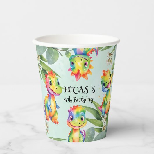 Schattigee magische regenboog dinosaurus Happy Bir Papieren Bekers (Voorkant)