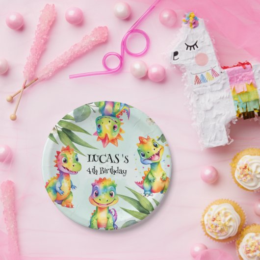 Schattigee magische regenboog dinosaurus Happy Bir Papieren Bordje (Feest)