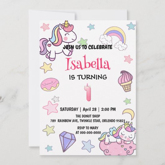 Schattigee magische regenboog eenhoorn 1e verjaard kaart (Voorkant)