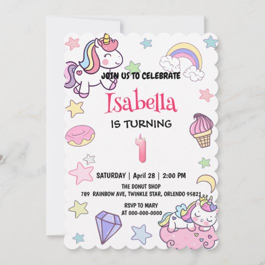 Schattigee magische regenboog eenhoorn 1e verjaard kaart (Voorkant)