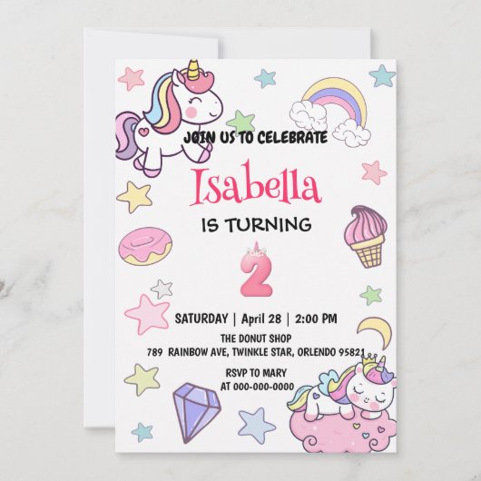 Schattigee magische regenboog eenhoorn 2e verjaard kaart (Voorkant)