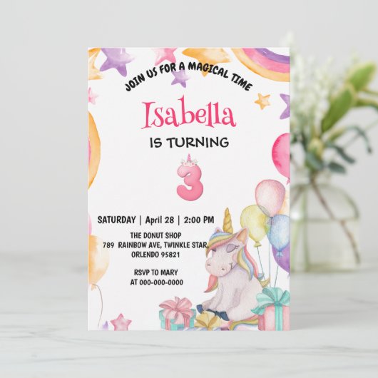 Schattigee magische regenboog eenhoorn 3e verjaard kaart (Staand voorkant)