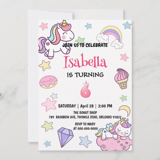 Schattigee magische regenboog eenhoorn 6e verjaard kaart (Voorkant)