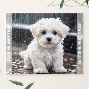 Schattigee Maltese Dog Puppy Herfst Rain Custom Na Legpuzzel