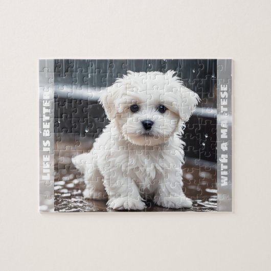 Schattigee Maltese Dog Puppy Herfst Rain Custom Na Legpuzzel (Horizontaal)