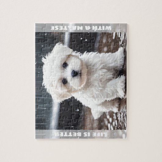 Schattigee Maltese Dog Puppy Herfst Rain Custom Na Legpuzzel (Verticaal)