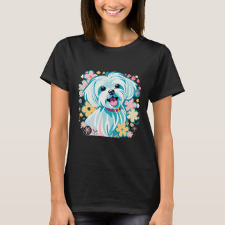 Schattigee Maltese Dog Retro vintages Floral Boho  T-shirt