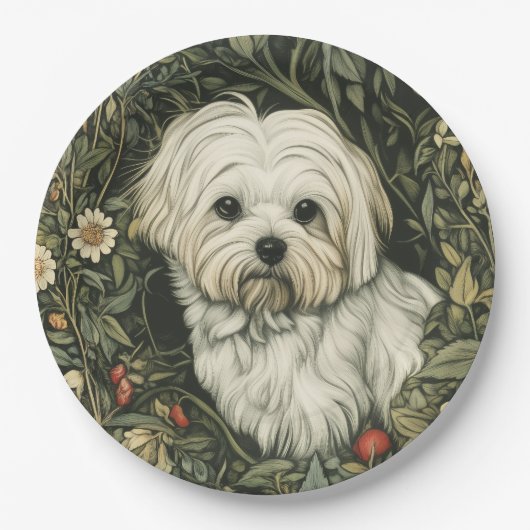 Schattigee Maltese hond in een William Morris Styl Papieren Bordje (Voorkant)
