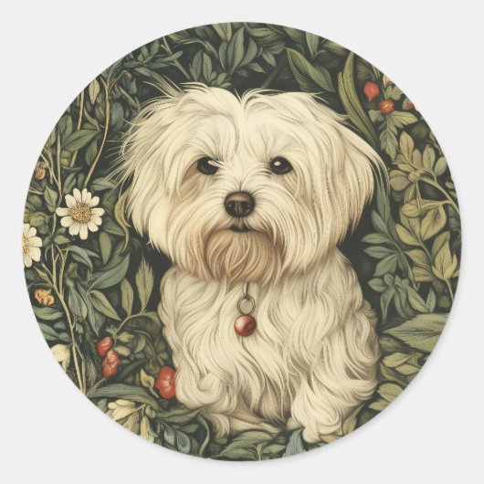 Schattigee Maltese hond in een William Morris Styl Ronde Sticker (Voorkant)