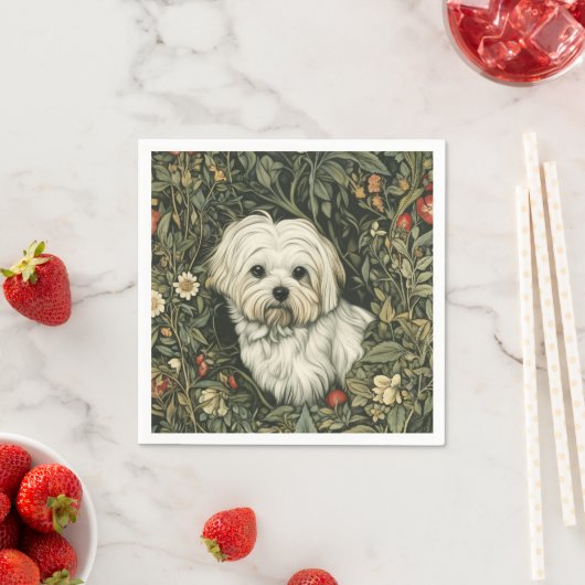 Schattigee Maltese hond in een William Morris Styl Servet (Insitu)