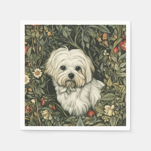 Schattigee Maltese hond in een William Morris Styl Servet (Voorkant)