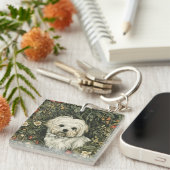 Schattigee Maltese hond in een William Morris Styl Sleutelhanger (Voorkant Rechts)