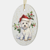 Schattigee Maltese Hond Kerstmis Holly Keramisch Ornament (Links)