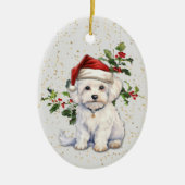 Schattigee Maltese Hond Kerstmis Holly Keramisch Ornament (Voorkant)