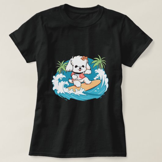 Schattigee Maltese hond surfen op de golven in het T-shirt (Design voorkant)