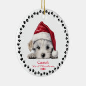 Schattigee Maltese Puppy Dog Santa Hat 1e Kerstmis Keramisch Ornament (Rechts)