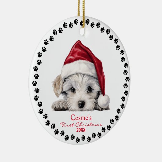 Schattigee Maltese Puppy Dog Santa Hat 1e Kerstmis Keramisch Ornament (Rechts)