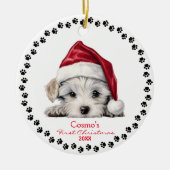 Schattigee Maltese Puppy Dog Santa Hat 1e Kerstmis Keramisch Ornament (Voorkant)