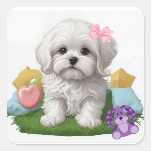 Schattigee Maltese puppy zitten met haar speelgoed Vierkante Sticker (Voorkant)