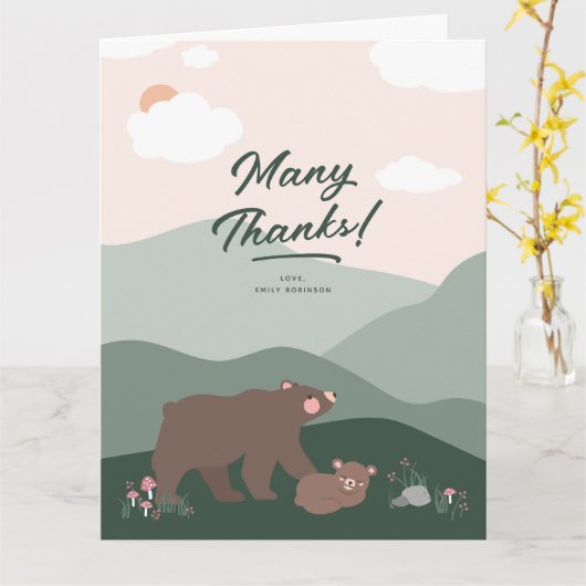 Schattigee Mama en Baby Beer Bergketen Dank U Kaart (Gele Bloem)