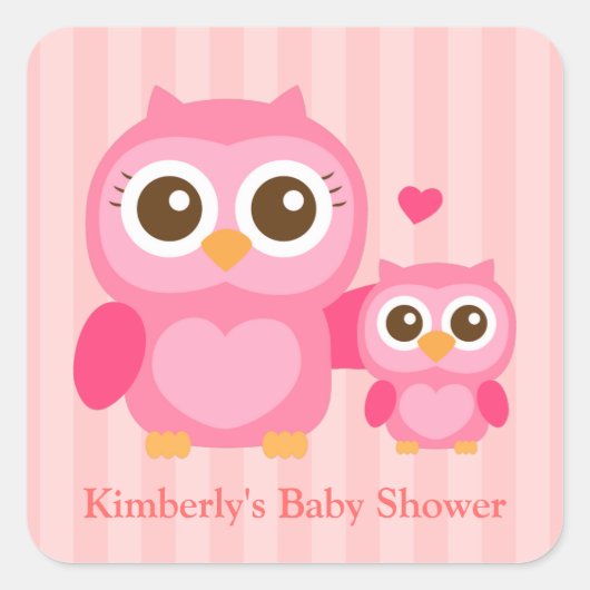 Schattigee mama en Baby roze uil, Baby shower Vierkante Sticker (Voorkant)