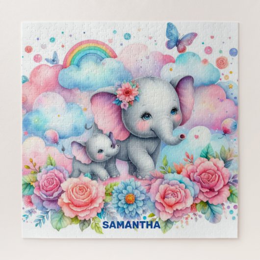 Schattigee mama en haar baby olifant regenboogveer legpuzzel (Verticaal)