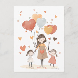 Schattigee mama met twee kinderen en ballonnen briefkaart