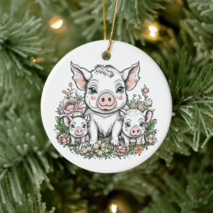 Schattigee Mama Varkens en Biggen in Bloemen Keramisch Ornament