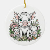 Schattigee Mama Varkens en Biggen in Bloemen Keramisch Ornament (Voorkant)