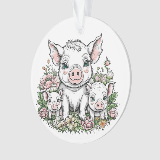 Schattigee Mama Varkens en Biggen in Bloemen Ornament (voorkant)
