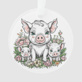 Schattigee Mama Varkens en Biggen in Bloemen Ornament
