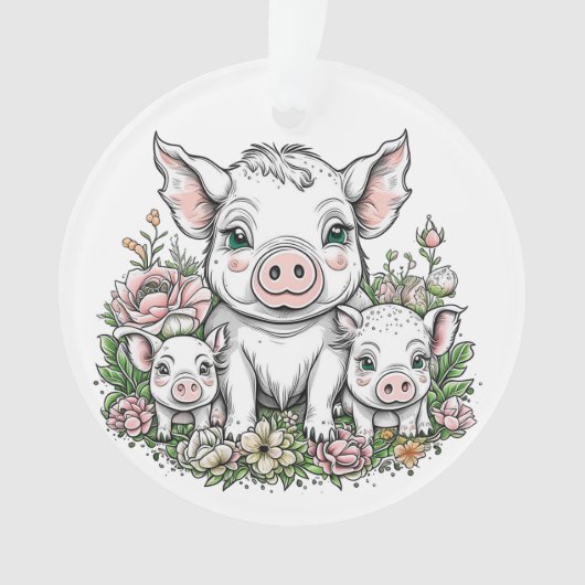 Schattigee Mama Varkens en Biggen in Bloemen Ornament (voorkant)