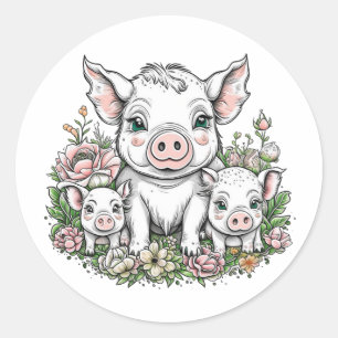 Schattigee Mama Varkens en Biggen in Bloemen Ronde Sticker