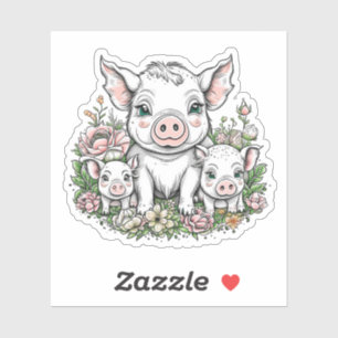Schattigee Mama Varkens en Biggen in Bloemen Sticker
